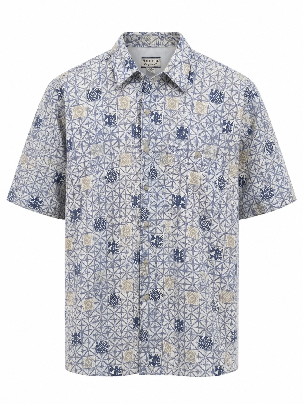 Vintage Bugle Boy 90s Geometric Shirt Mens Medium Ramie Cotton Short Sleeve Blue